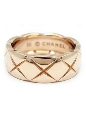 Chanel 18k Pink Gold Coco Crush Ring Quilted Beige